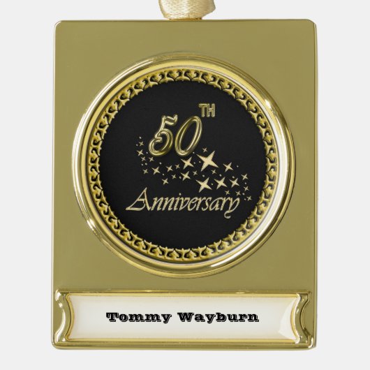 50e Jubileum gouden en zwarte feestdag Verguld Banner Ornament (Voorkant)