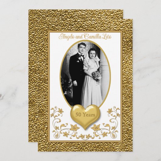 50e Jubileum, gouden hart uitnodiging - wit (Voorkant / Achterkant)