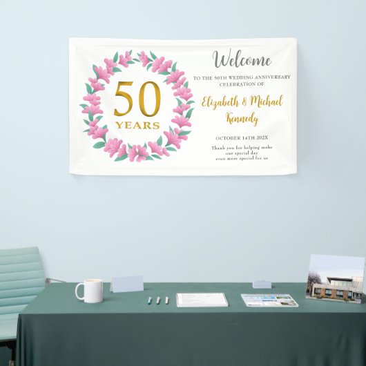 50e Jubileum Gouden Roze Bloemen Krans Bruiloft Spandoek (Beurs)