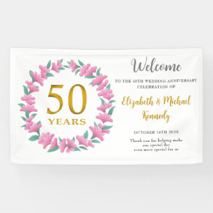 50e Jubileum Gouden Roze Bloemen Krans Bruiloft Spandoek