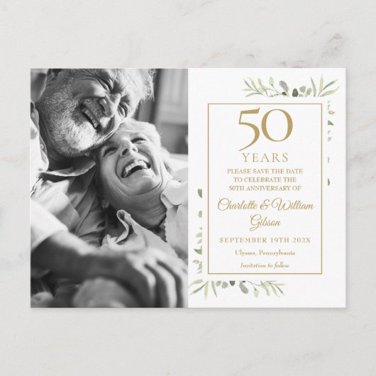50e Jubileum Greenery 2 Foto's sparen de Datum Aankondigingskaart (Voorkant)