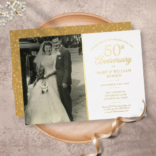 50e Jubileum Heart Confetti Wedding Foto Gold Folie Uitnodiging