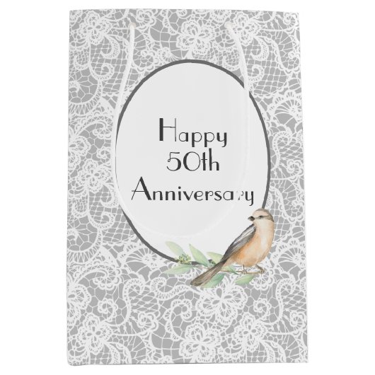 50e Jubileum kant op Silver Medium Gift Bag Cadeauzakje (Voorkant)