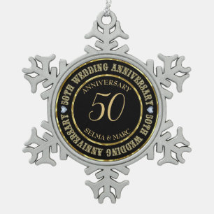 50e Jubileum metalen goud en zwarte ringen Tin Sneeuwvlok Ornament