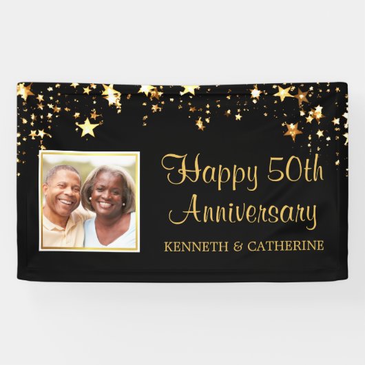 50e Jubileum Modern Black Gold Stars Foto Spandoek (Horizontaal)