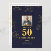 50e Jubileum Partij Navy Blauw Goud Vuurwerk Kaart (Voorkant / Achterkant)