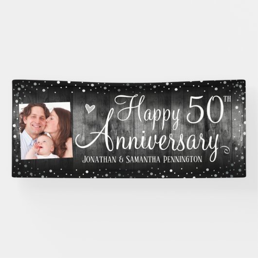 50e Jubileum Rustic Wood Foto Silver Confetti Spandoek (Horizontaal)