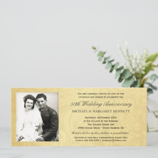 50e Jubileum Uitnodigingen - Gold Damask (Staand voorkant)