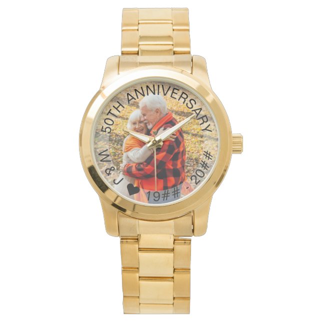 50e Jubileum voor bruiloft Foto Gold Watch Horloge (Voorkant)