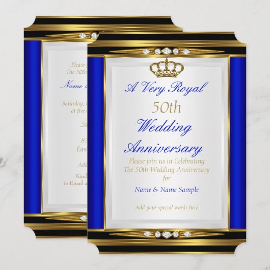 50e Jubileum voor bruiloft - Royal Blue Gold Crown Kaart (Voorkant / Achterkant)