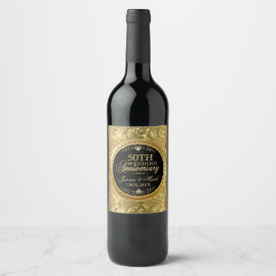 50e Jubileum voor bruiloft - zwart & goudDamascus Wijn Etiket