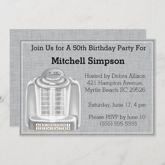 50e Jukebox Invitations d'anniversaire (Devant / Derrière)