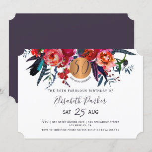 50e moderne boho floral waterverf verjaardagsfeest kaart
