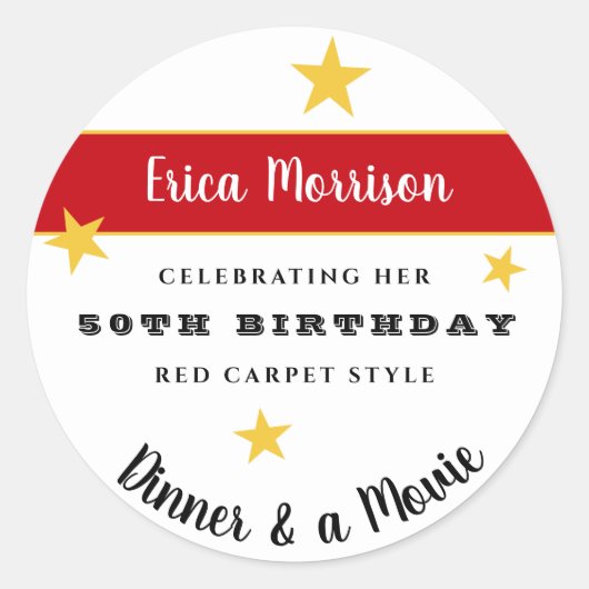 50e of om het even welk verjaardagsdiner & filmpar ronde sticker (Voorkant)