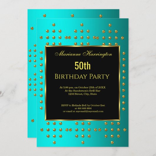 50e or turquoise Anniversaire Invitation (Devant / Derrière)