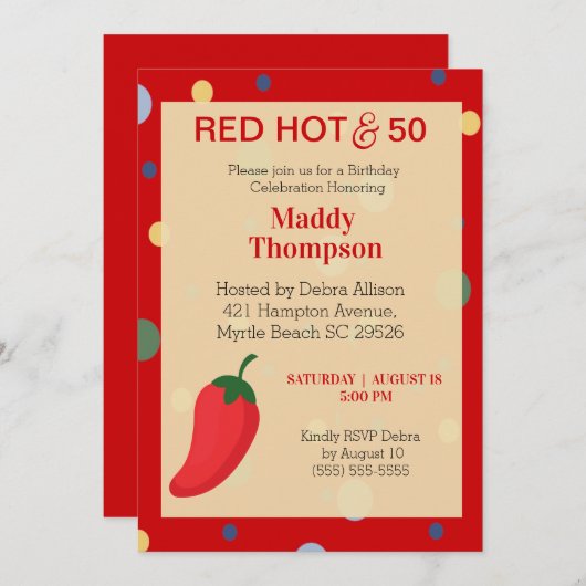 50e Poivron rouge Hot Invitation de fête d'anniver (Devant / Derrière)