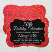50e Rode Glitter Fab Glam Birthday Party Invite Kaart (Voorkant / Achterkant)