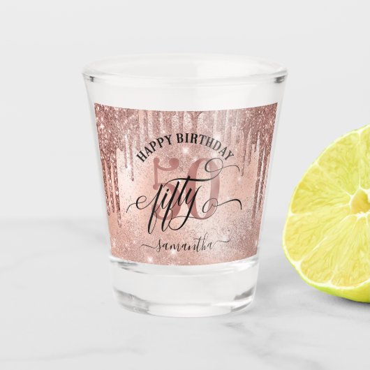 50e Roos Gold Happy Birthday Shot Glas (Voorkant)