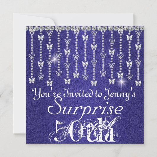 50e Surprise Birthday Butterfly BLUE Invitation Kaart (Voorkant)