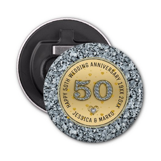 50e trouwdag goud en witte diamanten button flesopener (Voorkant)
