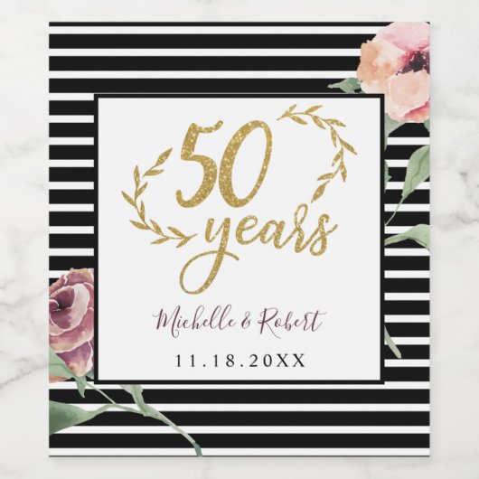 50e trouwdag met glitter Waterverf Rozen Wijn Etiket (Enkel label)