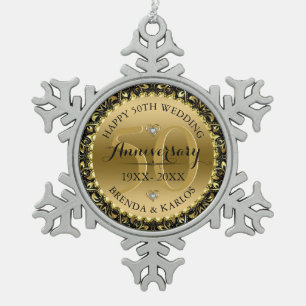 50e trouwdag zwart & goud swirly lijst tin sneeuwvlok ornament