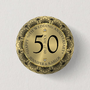 50e trouwdag zwarte kant & goud ronde button 3,2 cm