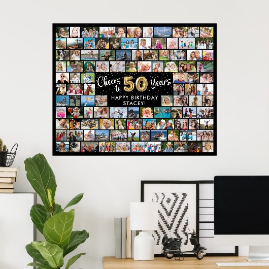 50e verjaardag 108 foto's zwart goud juichen voor  poster (Thuiskantoor)