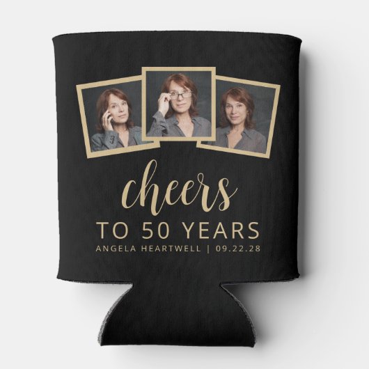 50e verjaardag 3-foto zwart wit script juichen blikjeskoeler (Achterkant)