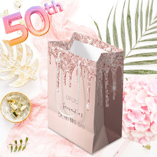 50e verjaardag 50 roos goud glitter druppelt naam medium cadeauzakje