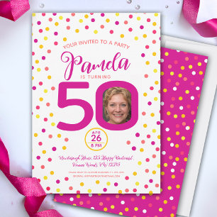 50e verjaardag aangepaste foto roze gele confetti kaart