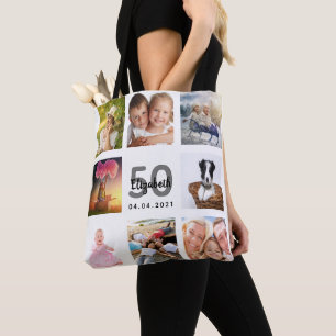 50e verjaardag aangepaste fotocollage vrouw wit draagtas