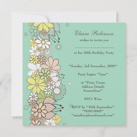 50e verjaardag Aqua Blooms Aangepaste uitnodiging (Achterkant)