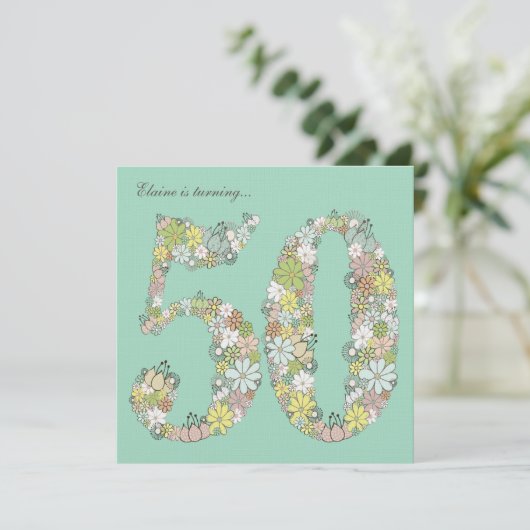 50e verjaardag Aqua Blooms Aangepaste uitnodiging (Staand voorkant)