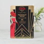 50e verjaardag Art Deco Design 1920's Lady in Red Kaart (Staand voorkant)