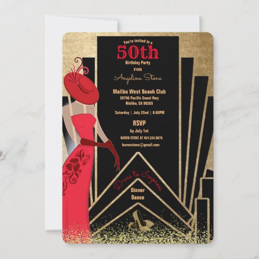 50e verjaardag Art Deco Design 1920's Lady in Red Kaart (Voorkant)