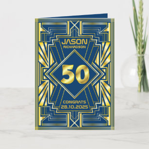 50e verjaardag Art Deco Gold Blue Great Gatsby Kaart