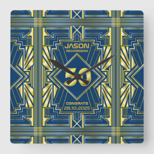 50e verjaardag Art Deco Gold Blue Great Gatsby Vierkante Klok