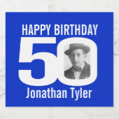 50e verjaardag blauw aangepaste foto naam label sparkling wijnetiket (Enkel label)