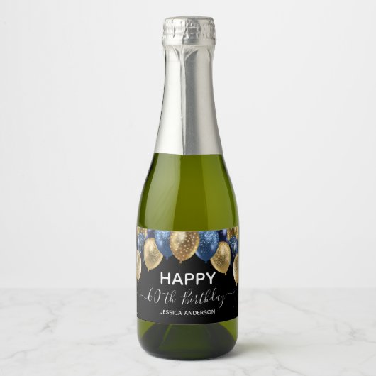 50e verjaardag Blauwe en Gouden Ballonnen Sprankel Sparkling Wijnetiket (Voorkant)