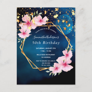 50e verjaardag blauwe goudroze floralen geometrisc briefkaart