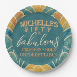 50e Verjaardag Blauwgroen en Gouden Art Deco Ronde Papieren Bordje