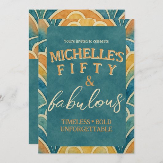 50e verjaardag Blauwgroen en gouden art deco uitno Kaart (Voorkant / Achterkant)