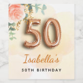 50e verjaardag bloem roos goud eucalyptusmonogram wijn etiket (Enkel label)