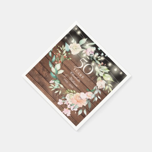 50e verjaardag bloemenslingerlampjes rustiek hout servet (Hoek)