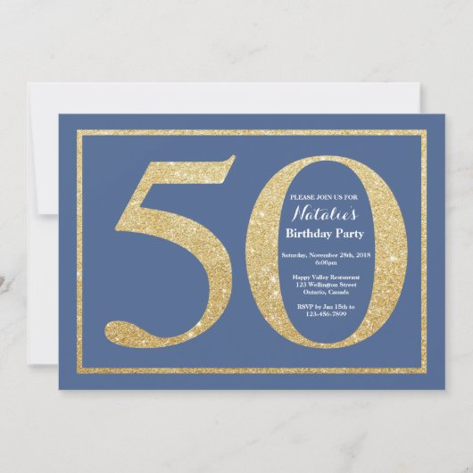 50e verjaardag Blue en Gold Glitter Kaart (Voorkant)