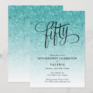 50e verjaardag Blue Ombre Glitter uitnodiging