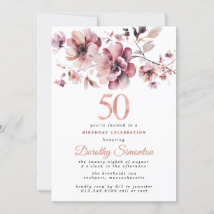 50e verjaardag Bourgondië Dusty Blush Roze Bloemen Kaart