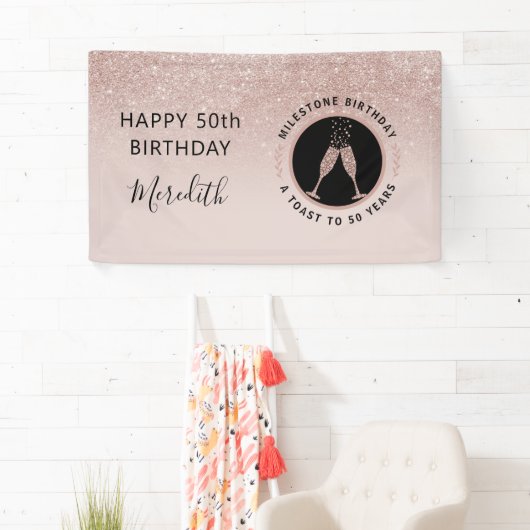 50e verjaardag Champagne Toast Horizontale Glitter Spandoek (Insitu)