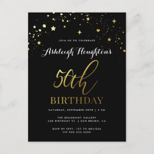 50e verjaardag Chic Black & Gold Star Confetti Uitnodiging Briefkaart